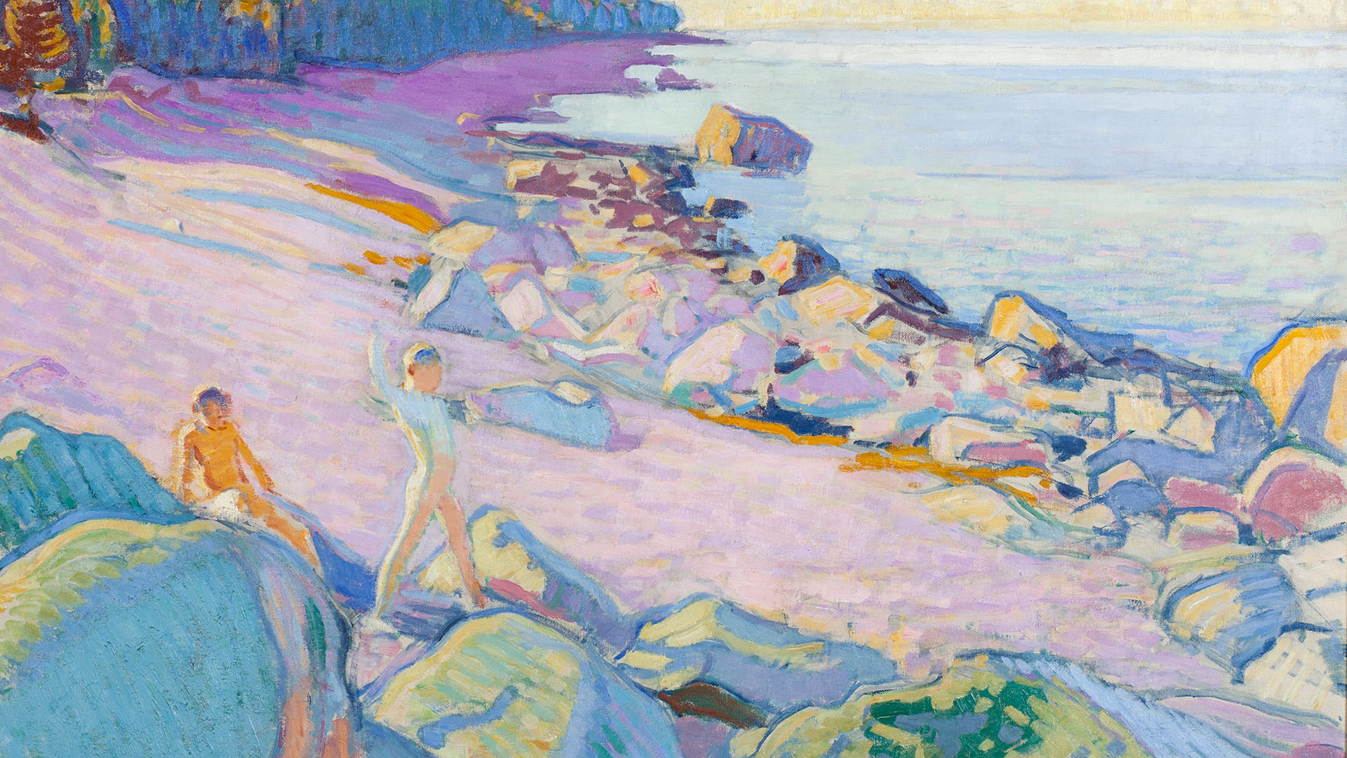 Boys stand and sit on a sunlit beach, their bodies glowing in soft pastel tones. Behind them, the calm sea and sky blend in pale blue hues