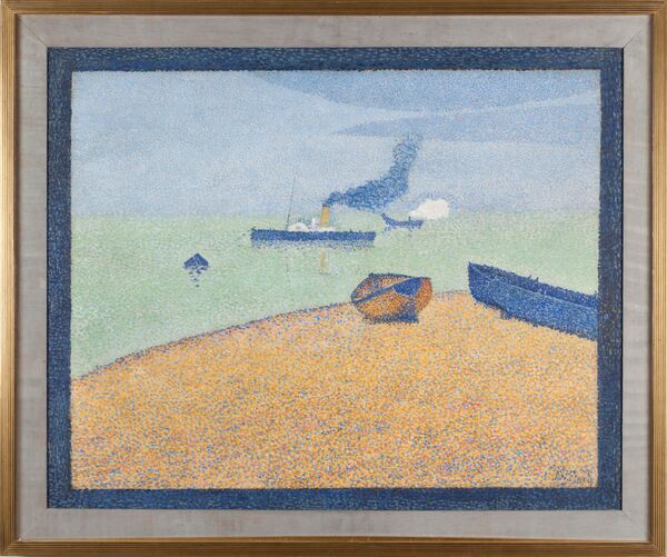 In the pointillist painting, a steamship glides across the sea along the horizon. The viewer is on a shore with rowboats.