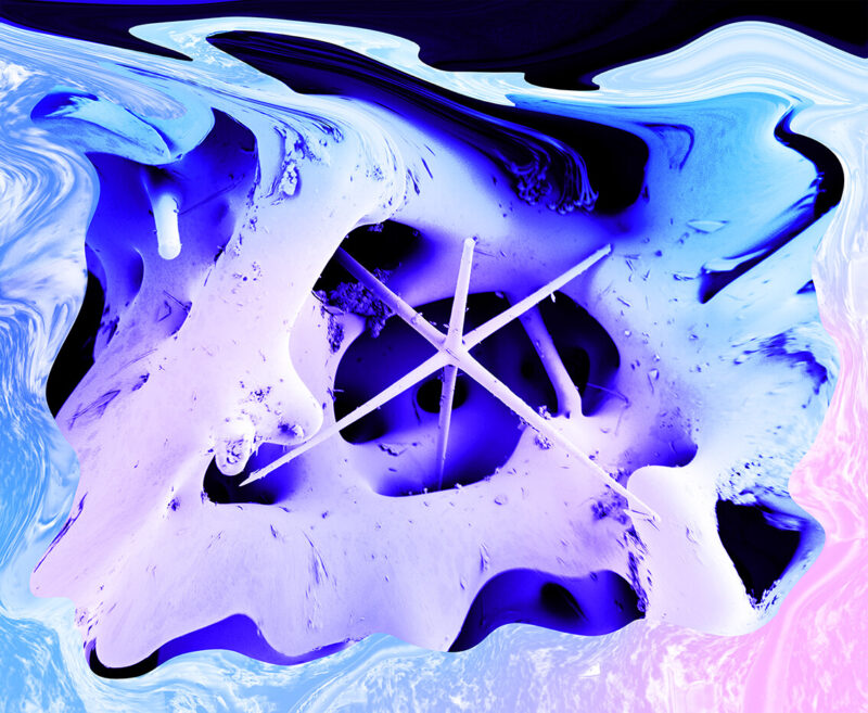 Detail of a silk print where pink, purple and many shades of blue blend together, forming a texture reminiscent of slime or soft organic matter.