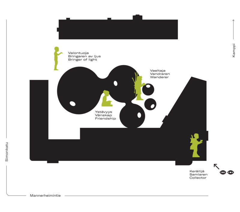 A black and white 2-dimensional map of the Lasipalatsi building and square. Green figures mark the places of the moss giants.