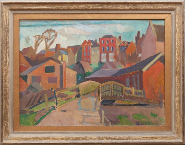 A townscape of Guildford with simplified buildings and trees, painted in a controlled, harmonious palette.