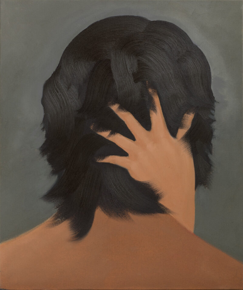 An oil painting in soft colours showing the back of a person’s head, gently held by a hand.