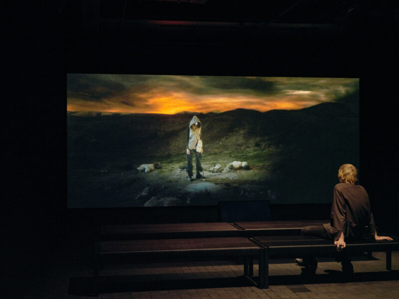 A museum visitor is looking at a video.