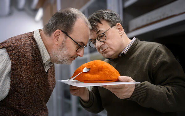 Museum director Kai Kartio and curator Kaj Martin leaning over an artwork.