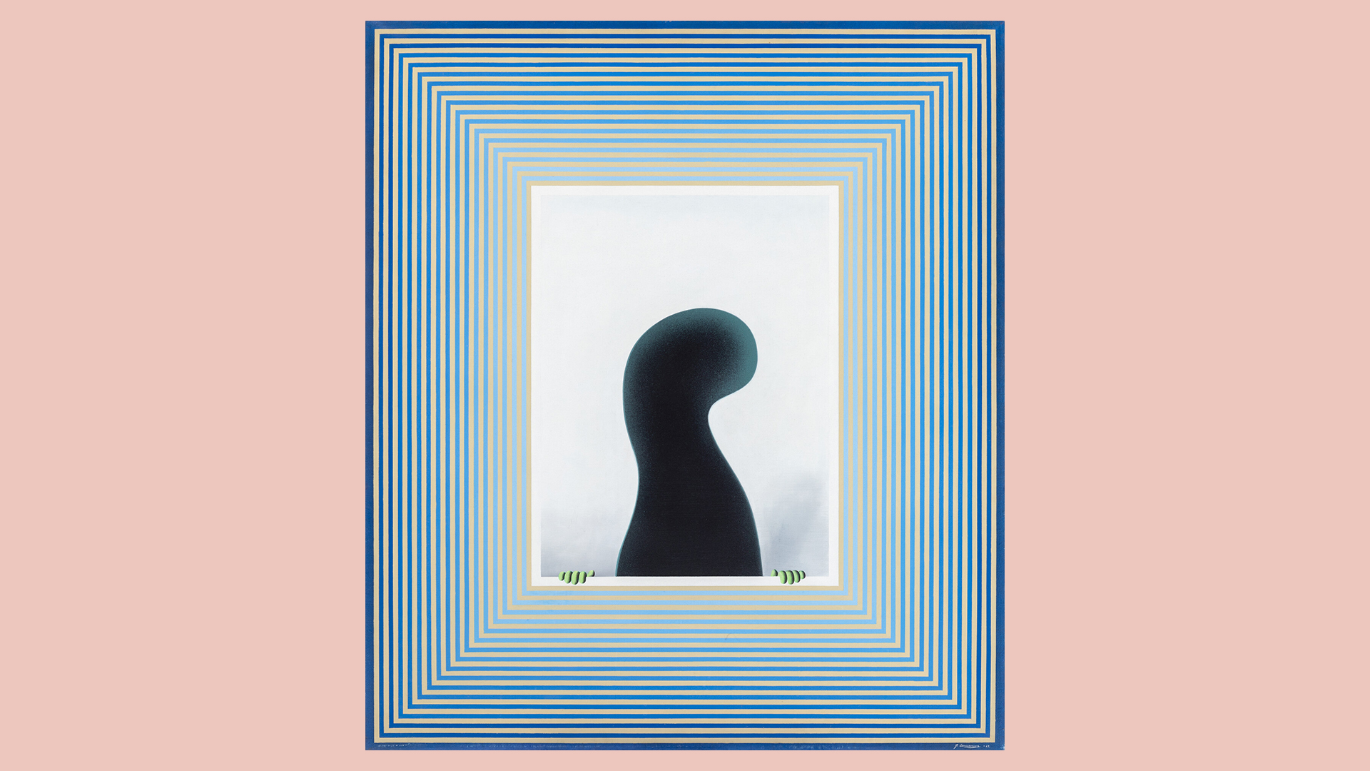 An artwork where a dark softly-shaped figure peeks out of a window-like structure.