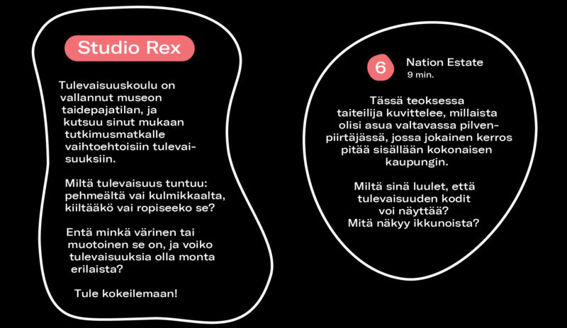 Kuva, jonka tekstissä kerrotaan muun muassa Amos Rexin Studio Rex -salista ja Tulevaisuuskoulu-työpajasta.