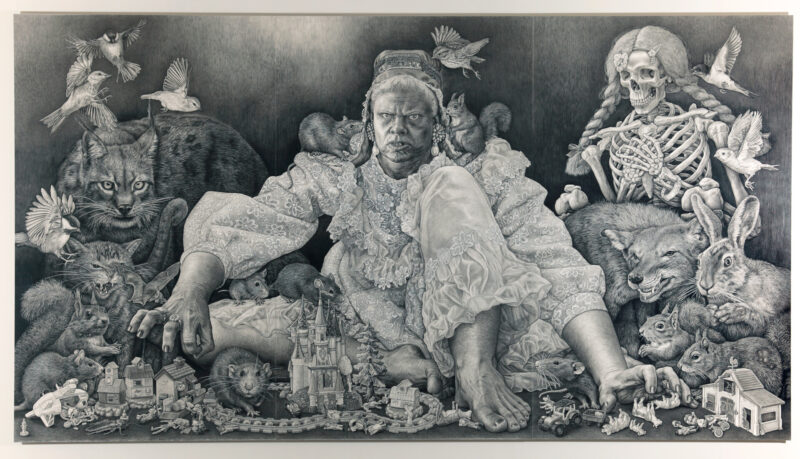 A large, detailed pencil drawing with a nearly menacing figure seated among animals, toys, and a skeleton.