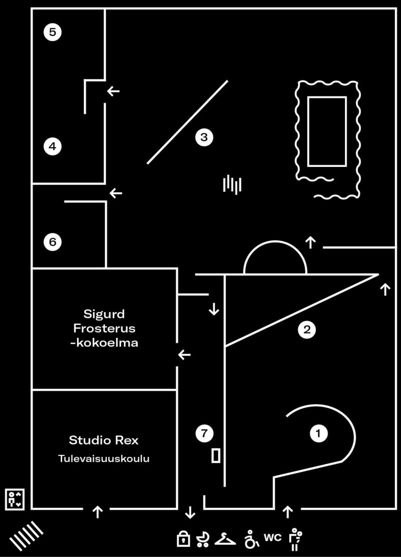 Näyttelyn mustavalkoinen kartta. Kartassa näkyvät Amos Rexin näyttelysalit ja teosten numerot.